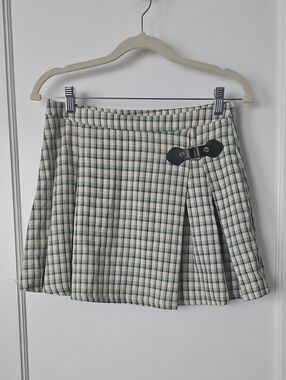 Cider Green Cream Yellow Tartan Plaid Pleated Mini Skirt with Buckle